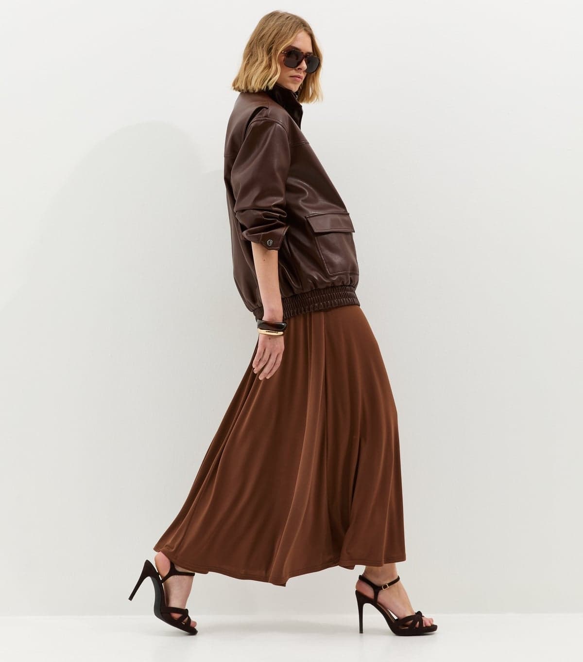 New Look Women's Dark Brown Midweight Jersey Full Skirt New Look
