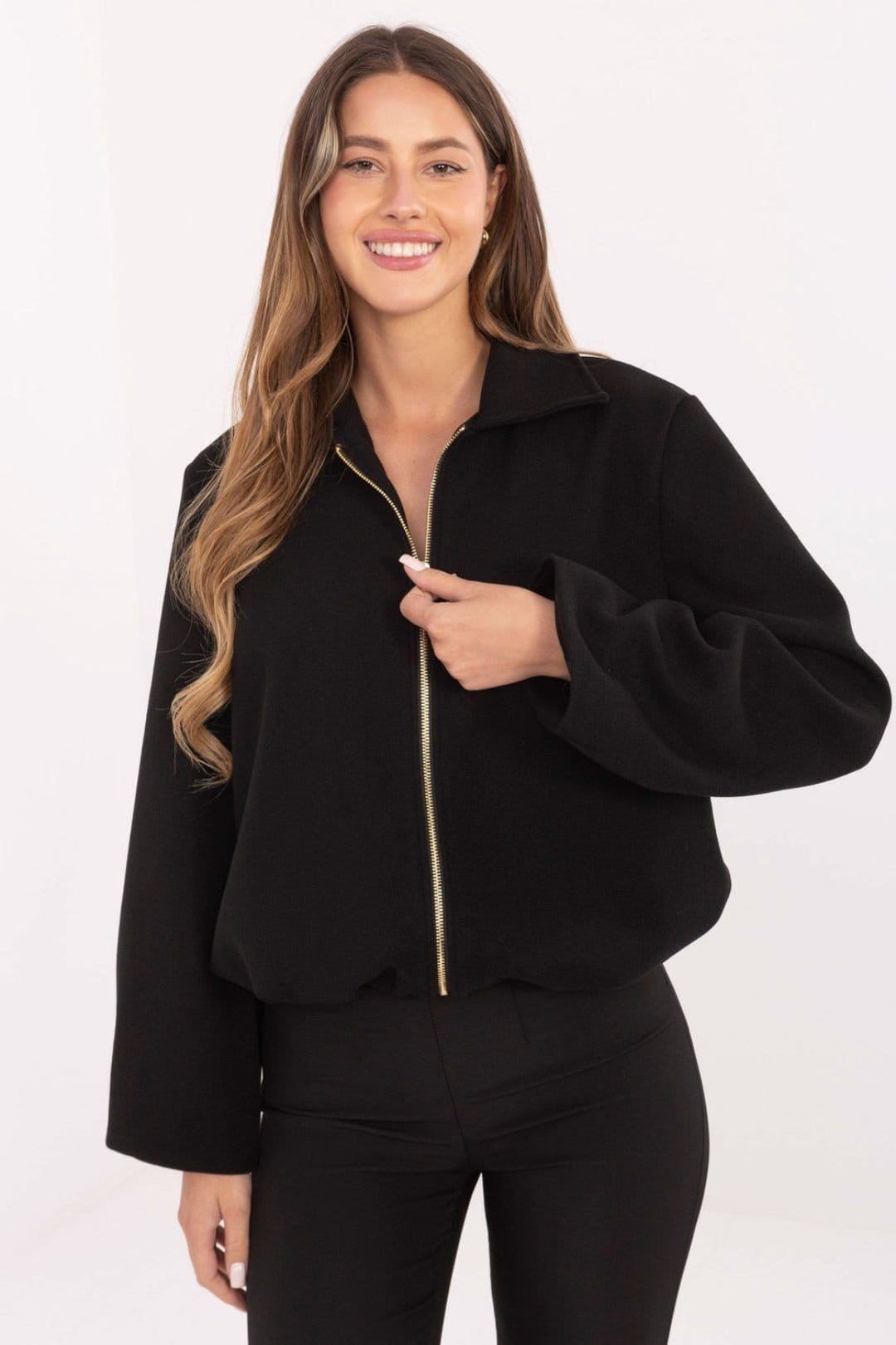 Love Lace Black Polyester Balloon Sleeve Zip Jacket
