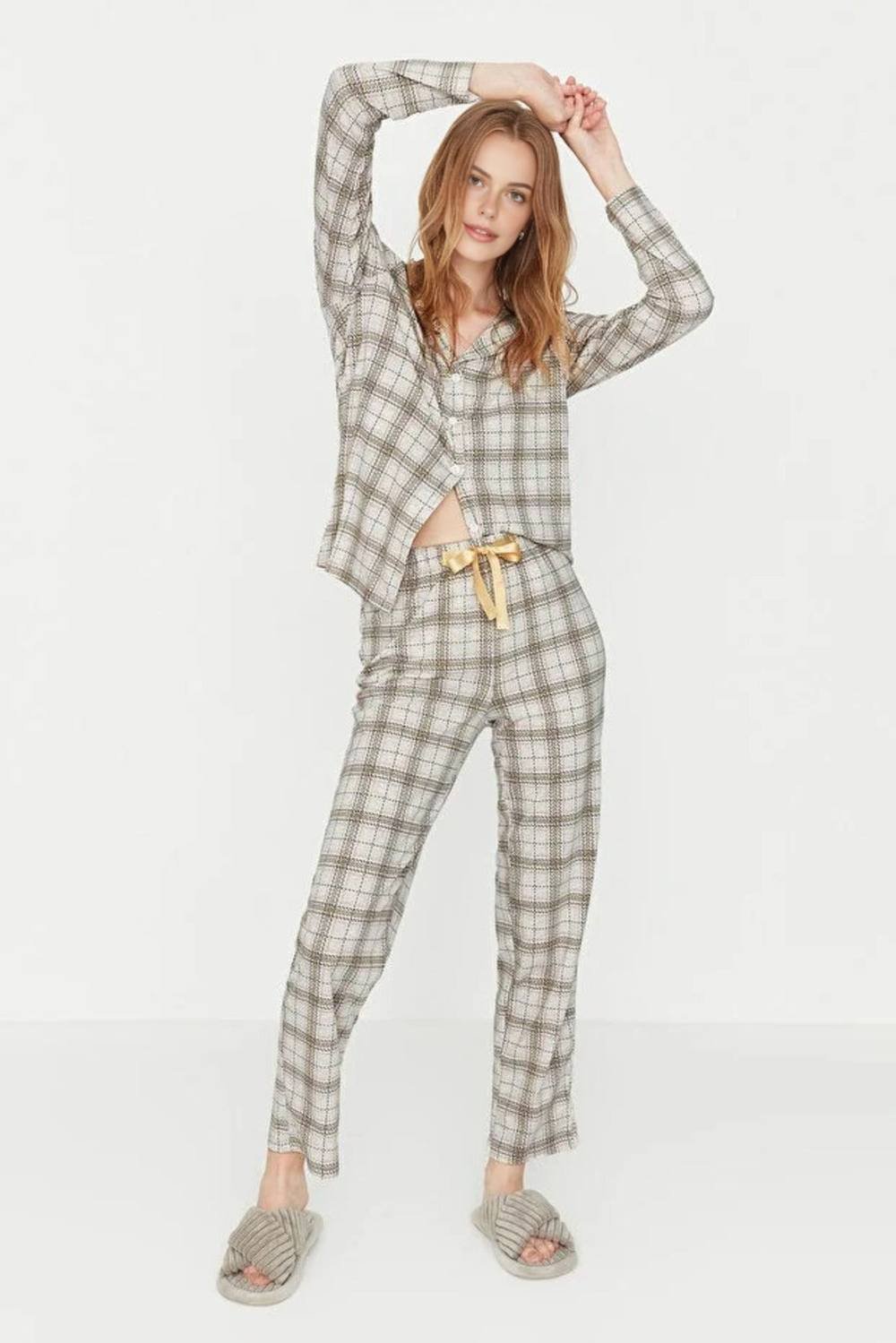 WOVCOR WOVCOR Women's 2-Piece Argyle Print Cotton Knit Pajama Set in Beige - 2