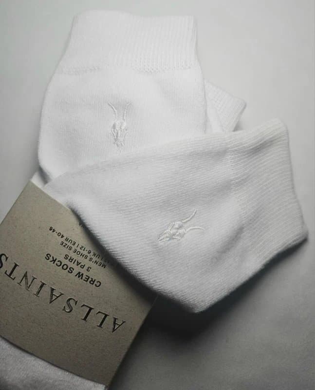 AllSaints Allsaints Mens Designer Ram Logo Socks. RRP £28. 3x Pairs White Cotton Socks