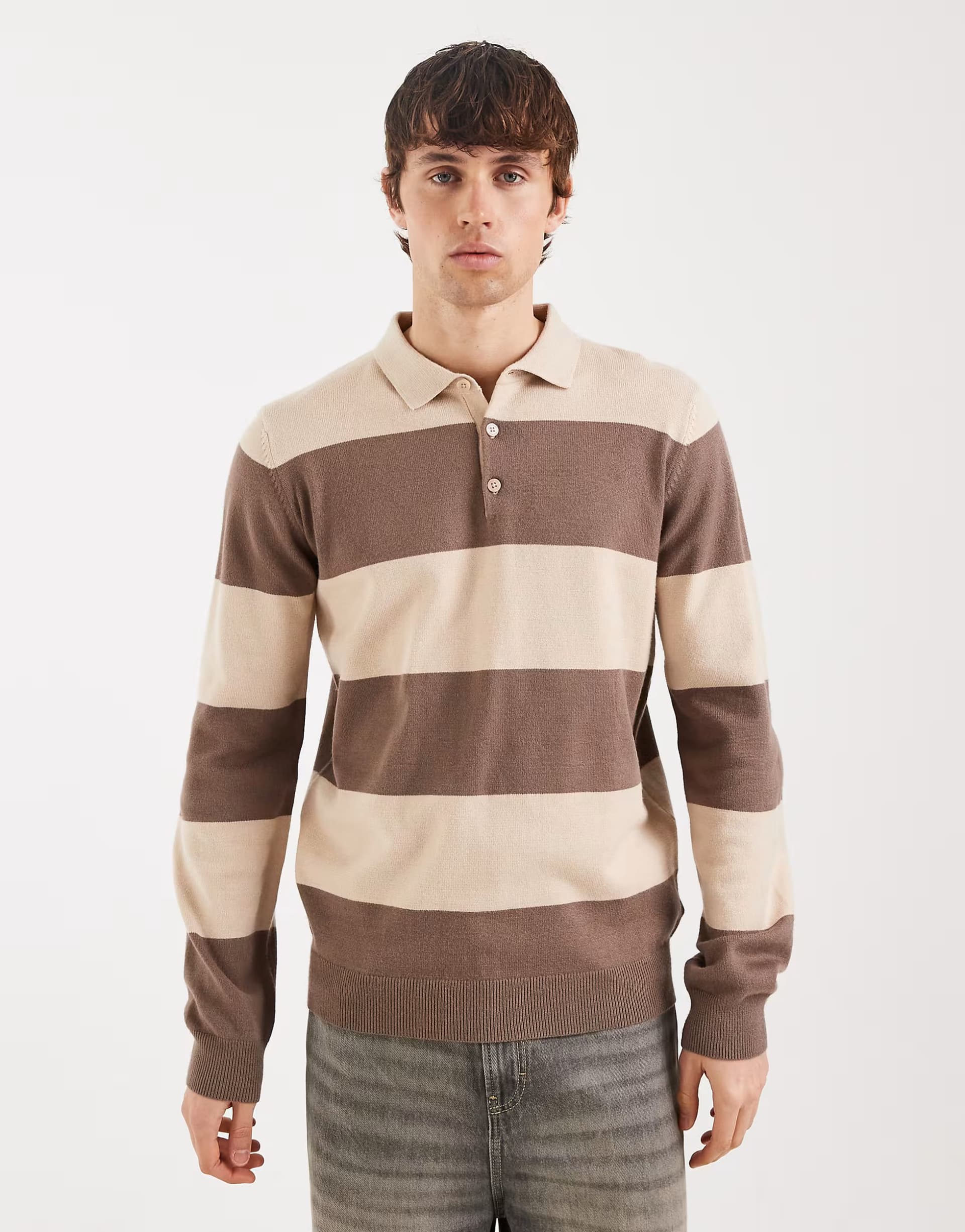ASOS Threadbare knitted rugby polo in stone and ecru stripe
