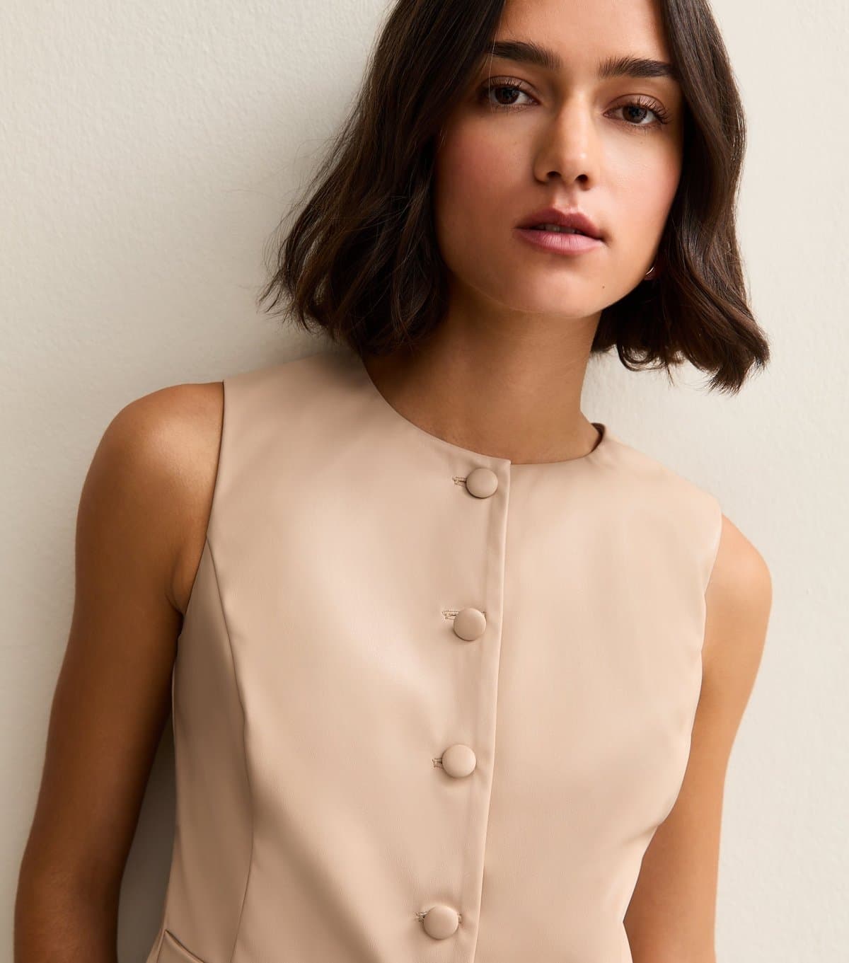 New Look Women's Cream Faux Leather Waistcoat New Look