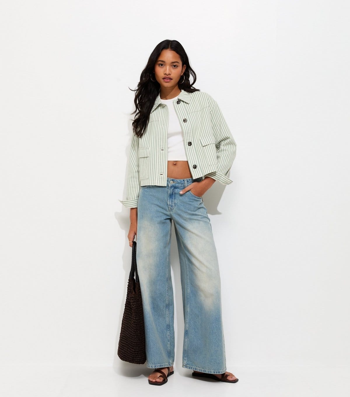 New Look Cream and Green Striped Short Shacket
