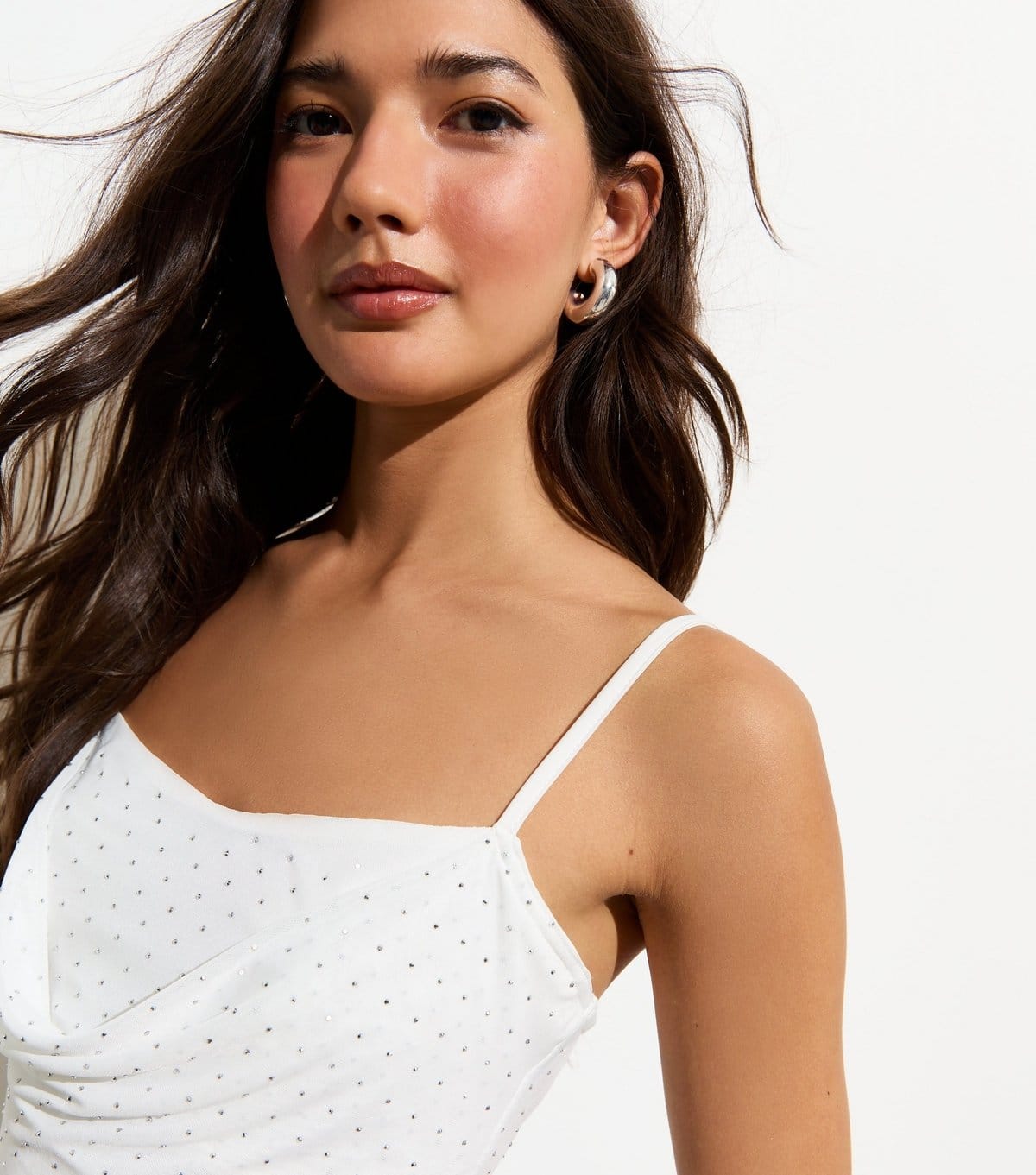 Women's White Diamanté-Embellished Mesh Cowl-Neck Bodysuit New Look