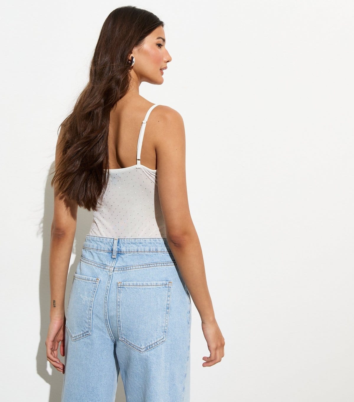 New Look Women's White Diamanté-Embellished Mesh Cowl-Neck Bodysuit New Look - 4