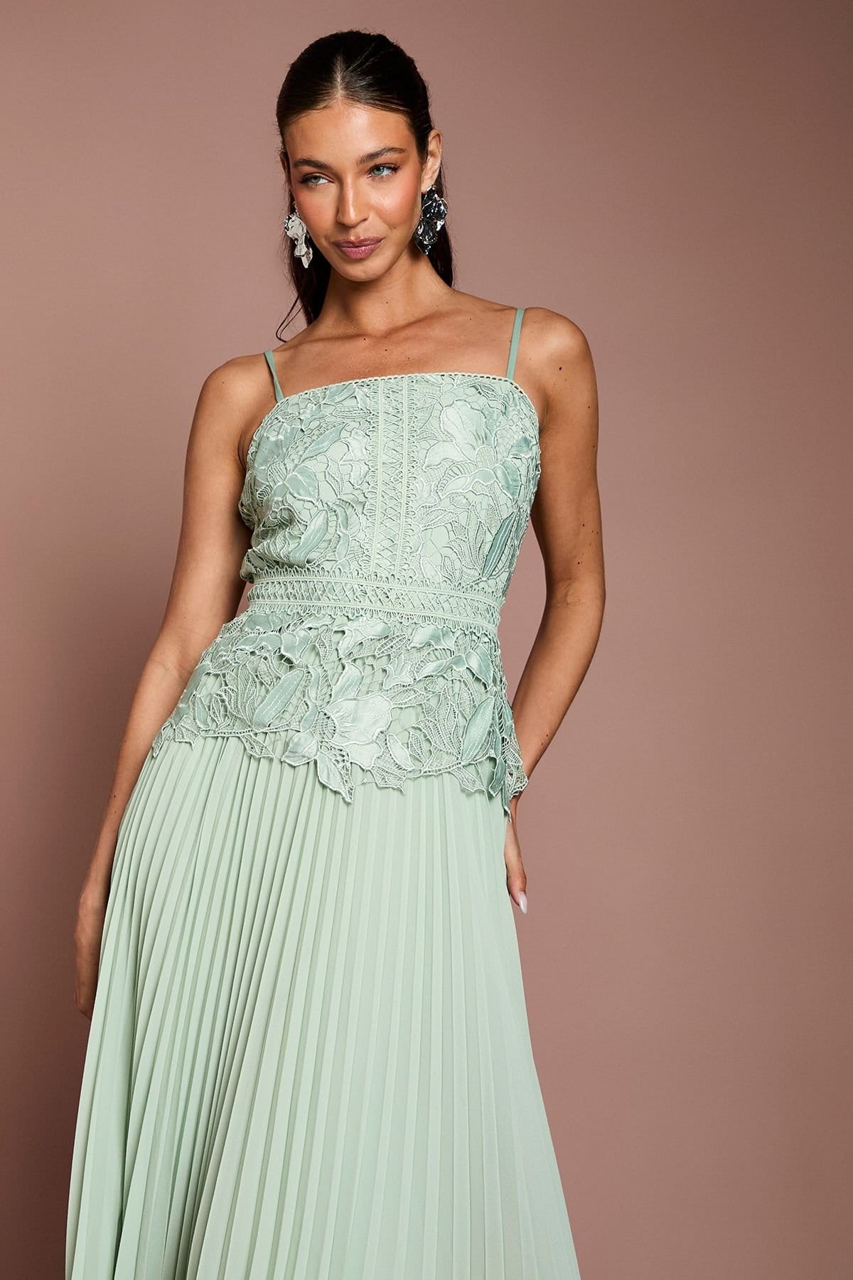 Coast Coast Women's Satin Lace Pleated Midi Dress in Sage - 4