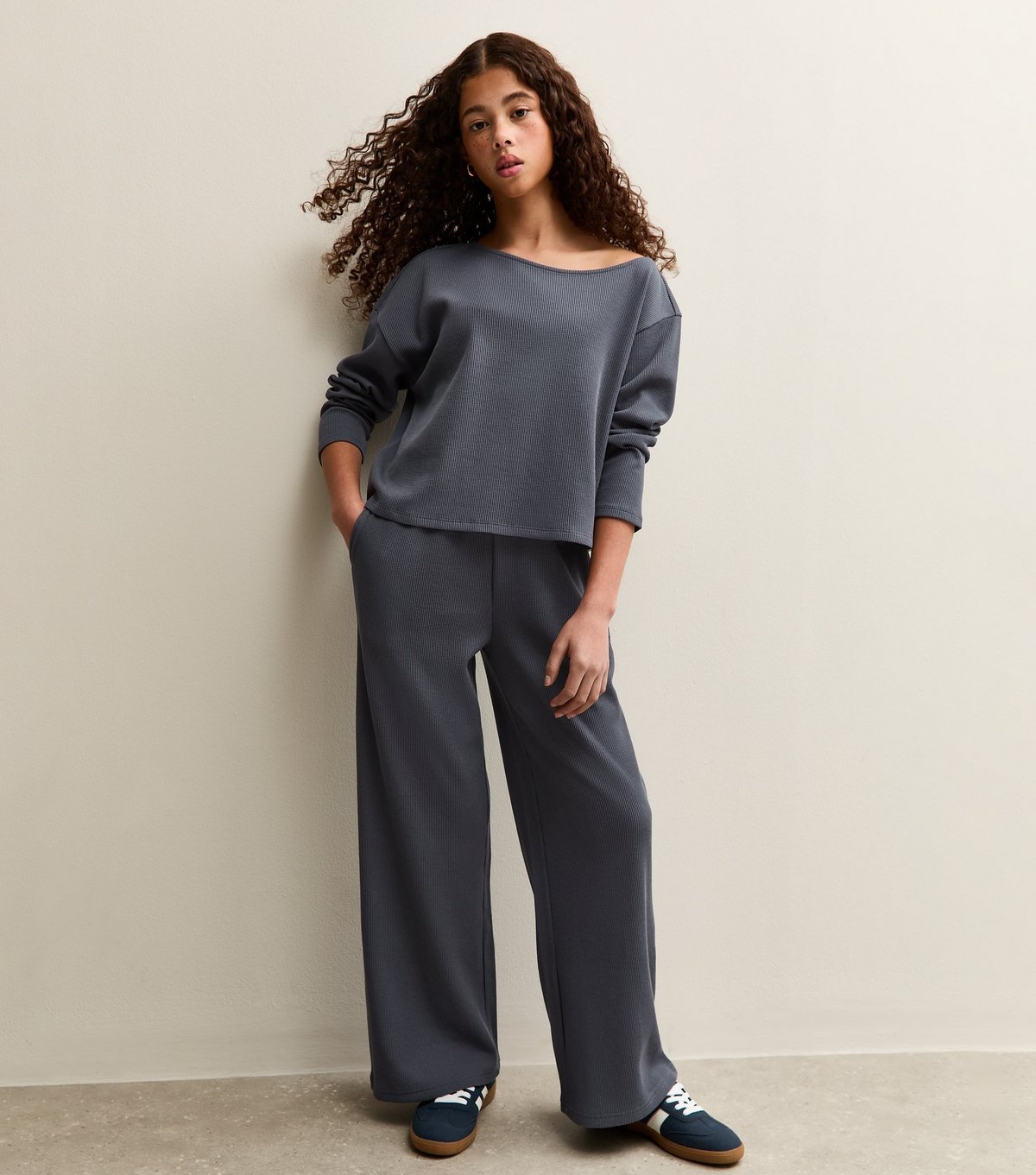 New Look Girls' Blue Waffle Wide Leg Trousers New Look - 1