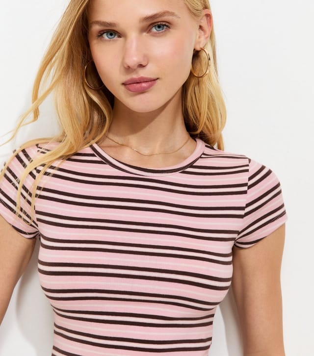 New Look Women's Pink Cotton Rich Striped Baby Tee T-Shirt New Look - 2