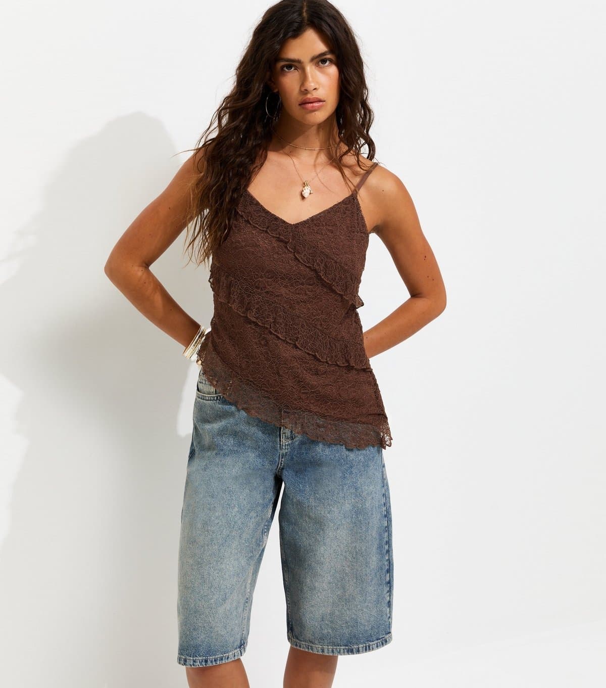New Look Women's Dark Brown Jersey Ruffle Asymmetric Lace Cami Top New Look