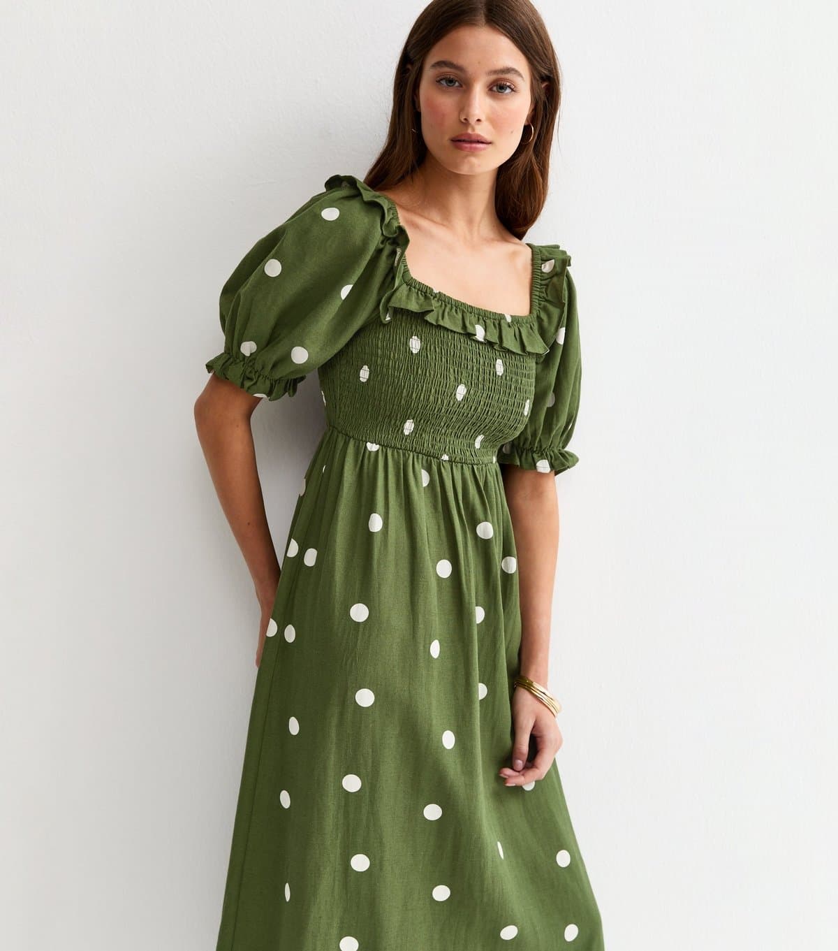 New Look Women's Green Polka Dot Puff Sleeve Shirred Midi Dress New Look