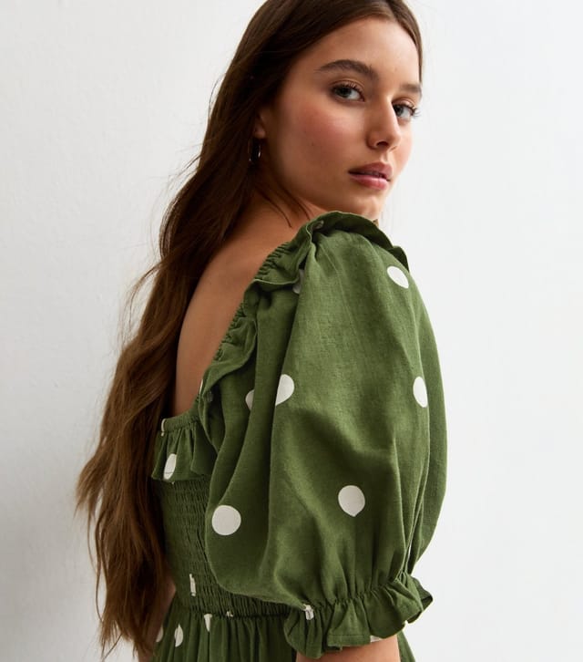 New Look Women's Green Polka Dot Puff Sleeve Shirred Midi Dress New Look - 2