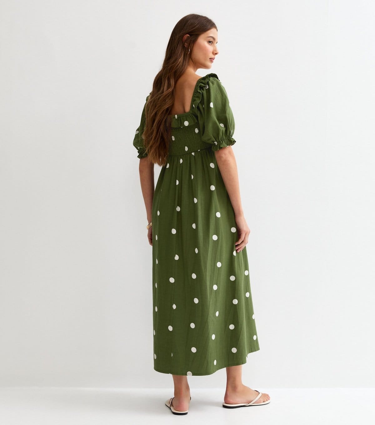 New Look Women's Green Polka Dot Puff Sleeve Shirred Midi Dress New Look - 4