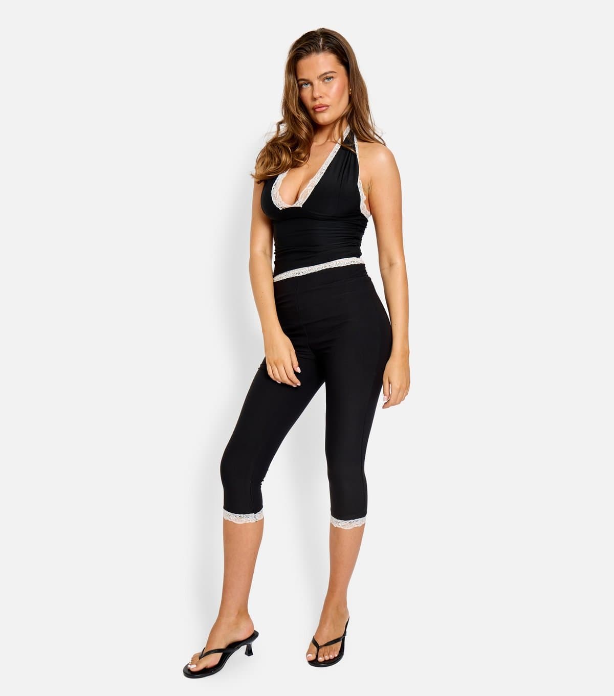 Public Desire Women's Black Lace Trim High Waist Capri Trousers Public Desire New Look