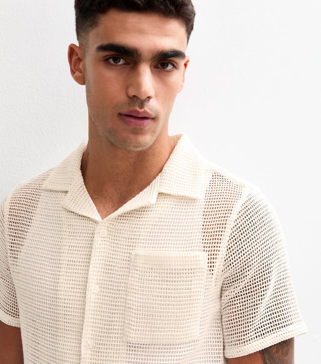 New Look Men's White Regular Open Weave Revere Collar Shirt New Look - 2