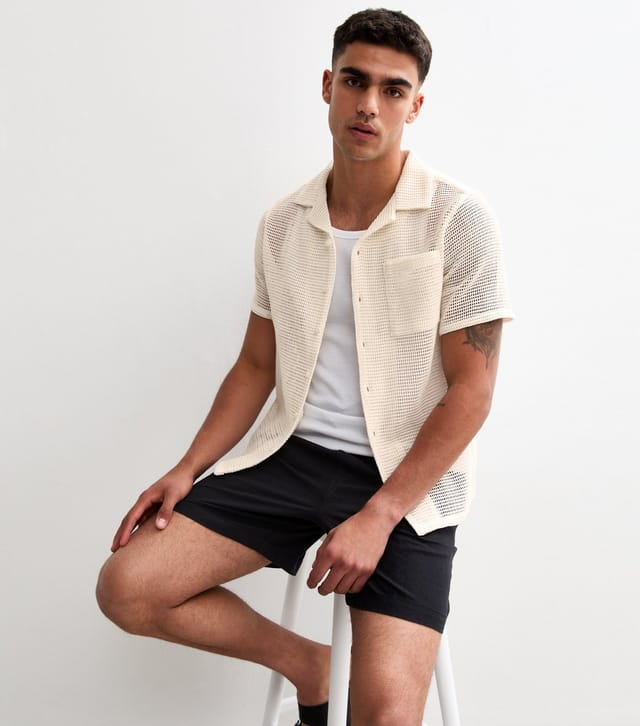 New Look Men's White Regular Open Weave Revere Collar Shirt New Look - 3