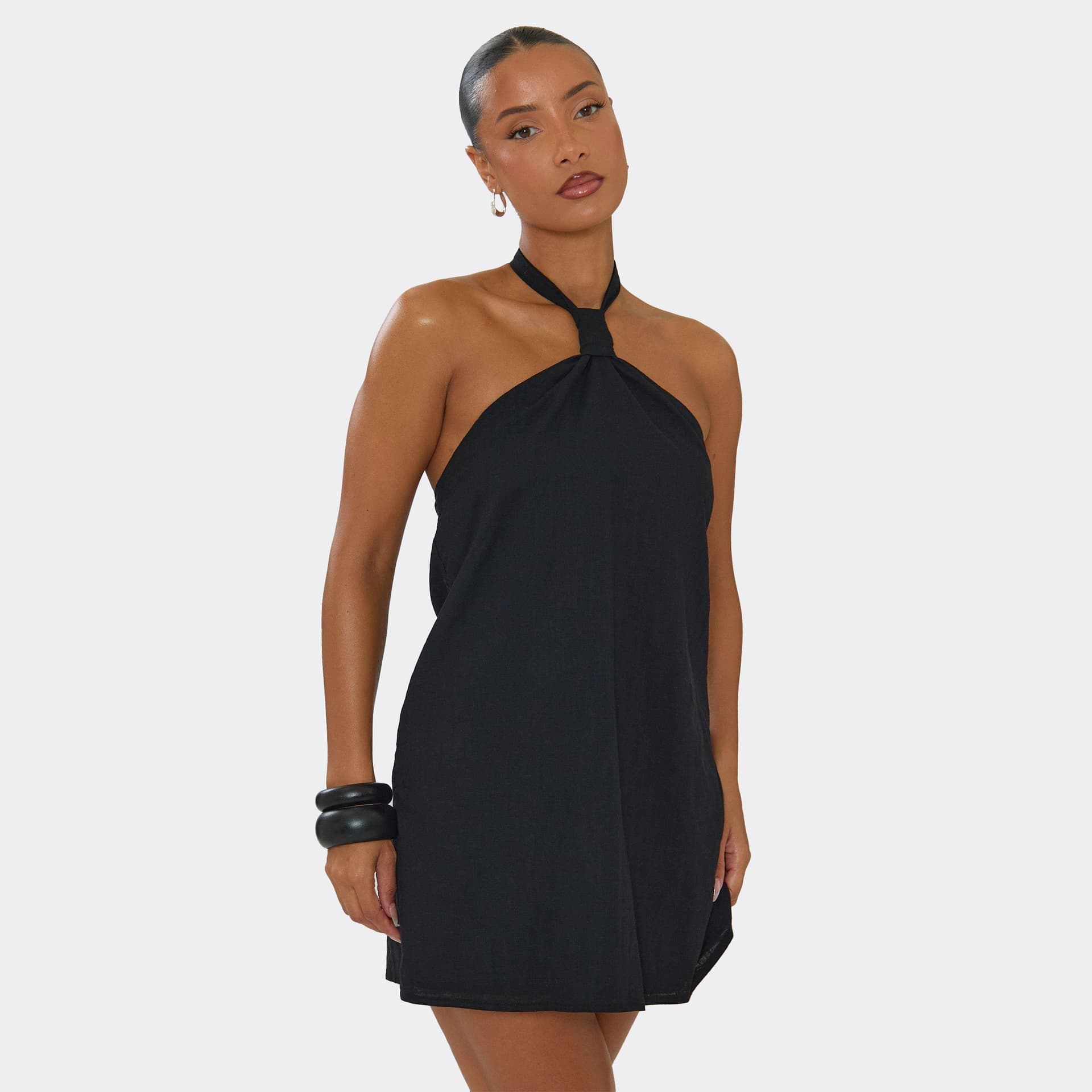 EGO Halterneck Knot Front Mini Dress In Black Linen Look, Women's Size UK 6
