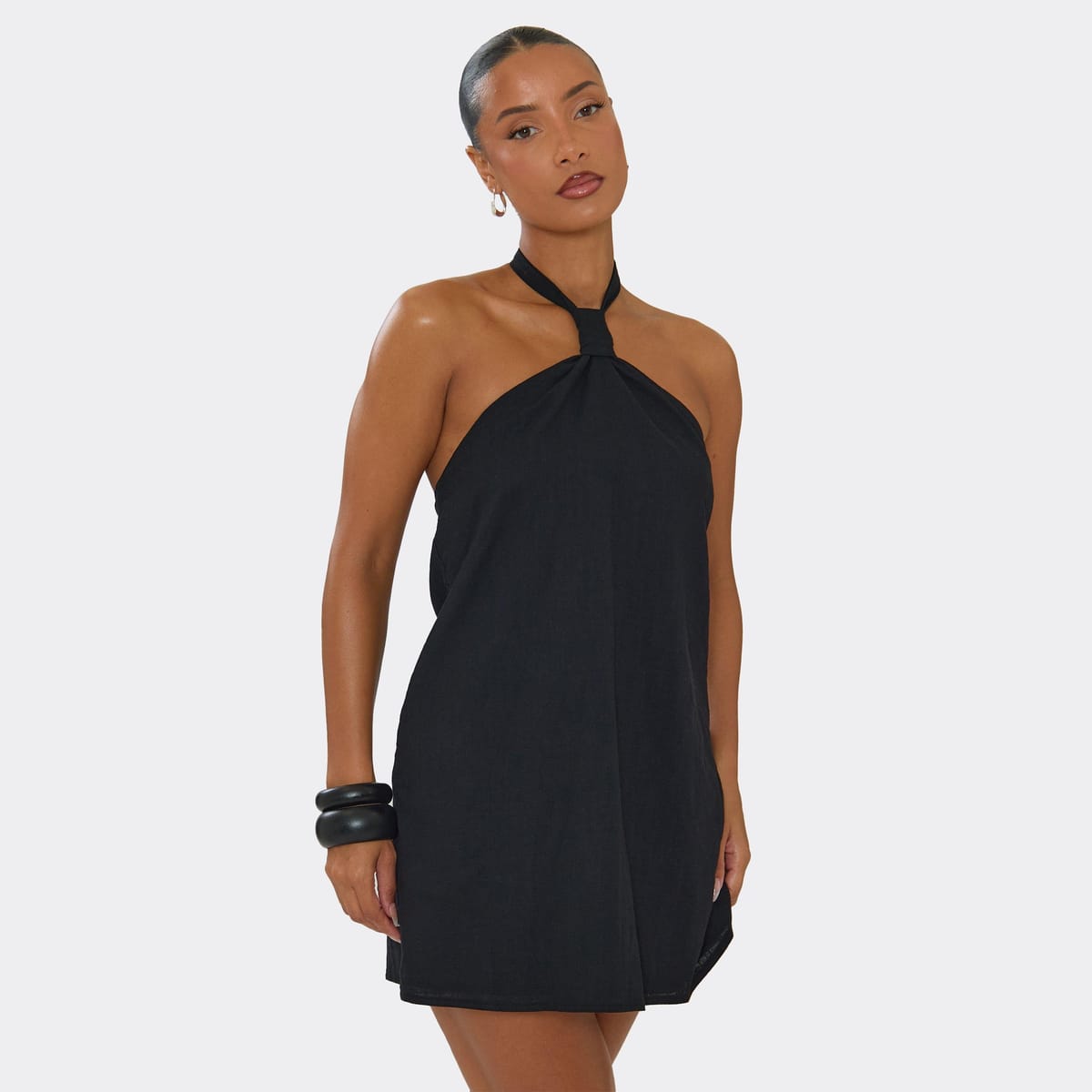 EGO Halterneck Knot Front Mini Dress In Black Linen Look, Women's Size UK 6 - 1