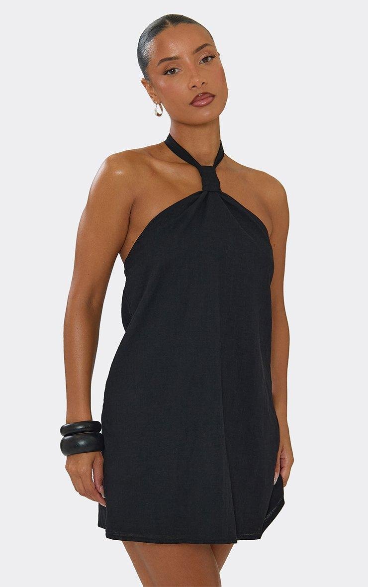 EGO Halterneck Knot Front Mini Dress In Black Linen Look, Women's Size UK 6 - 2