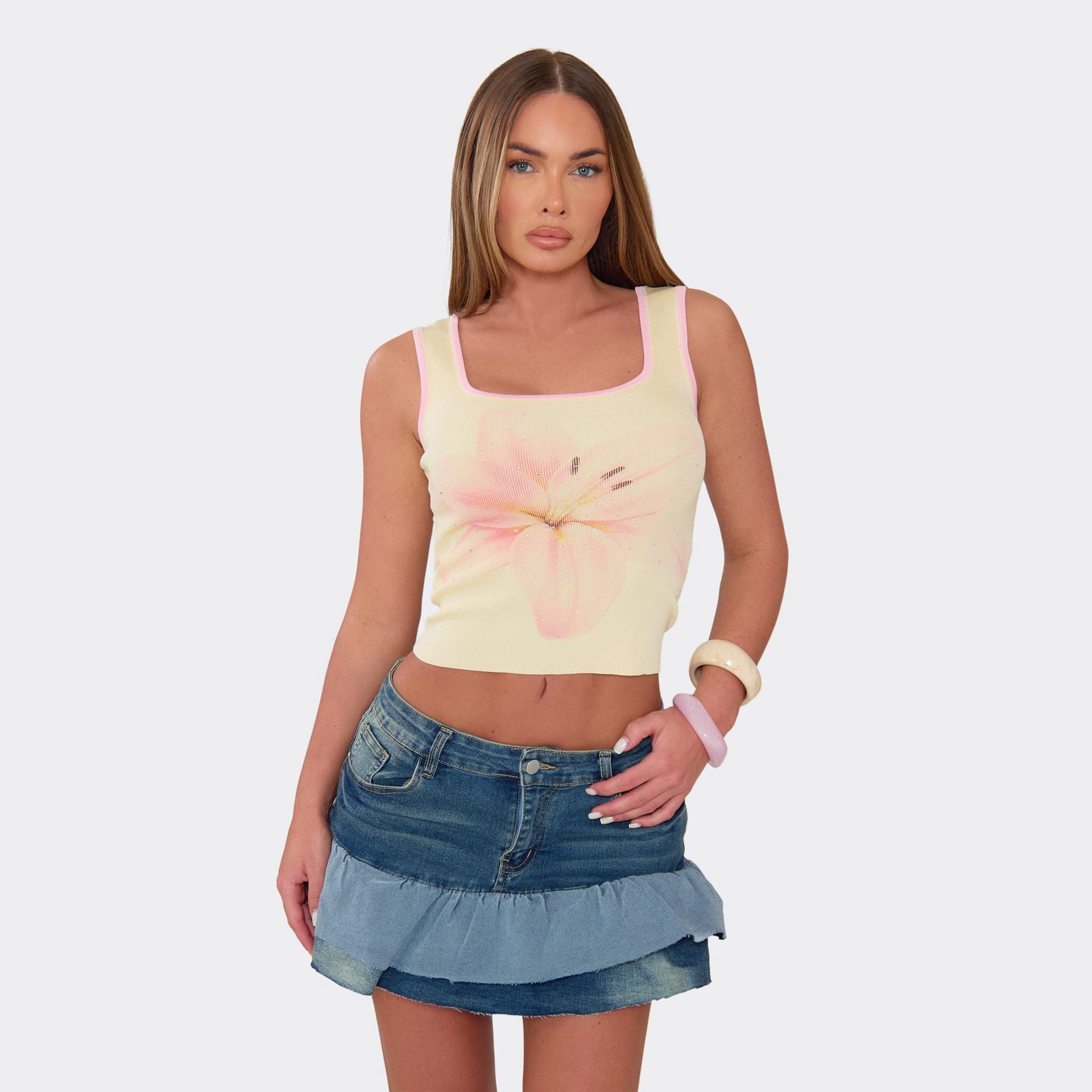 EGO Contrast Floral Print Embellished Detail Top In Lemon, Women's Size UK M/L