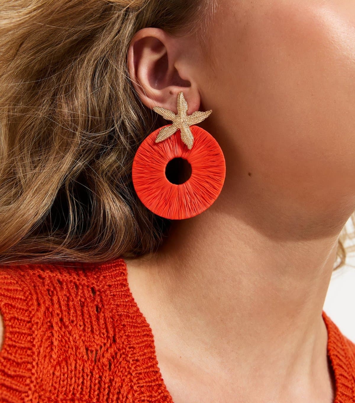 New Look Bright Orange Starfish Circle Drop Thread Earrings New Look