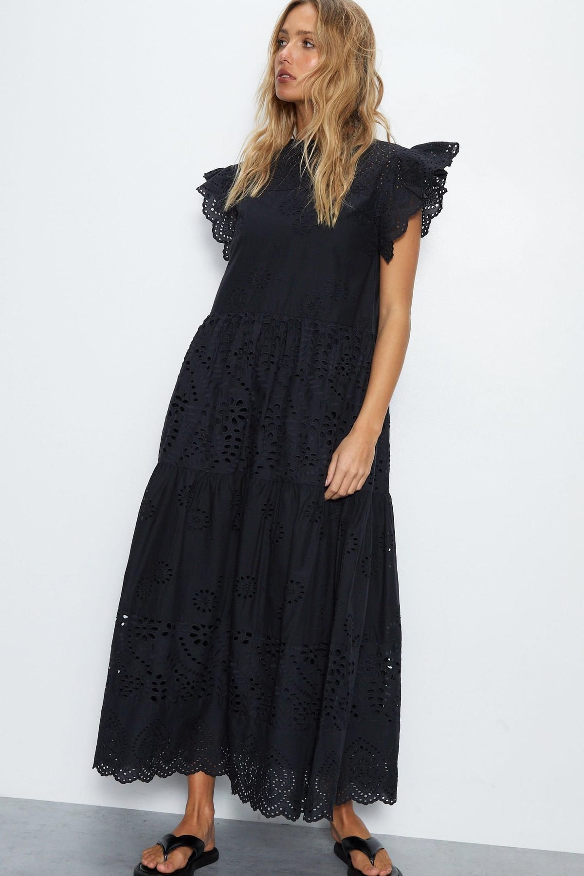 Warehouse Warehouse Women's Broderie Mix Tiered Midi Dress in Black - 1