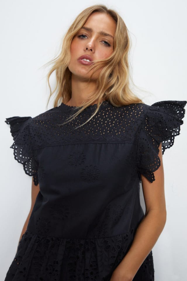 Warehouse Warehouse Women's Broderie Mix Tiered Midi Dress in Black - 2