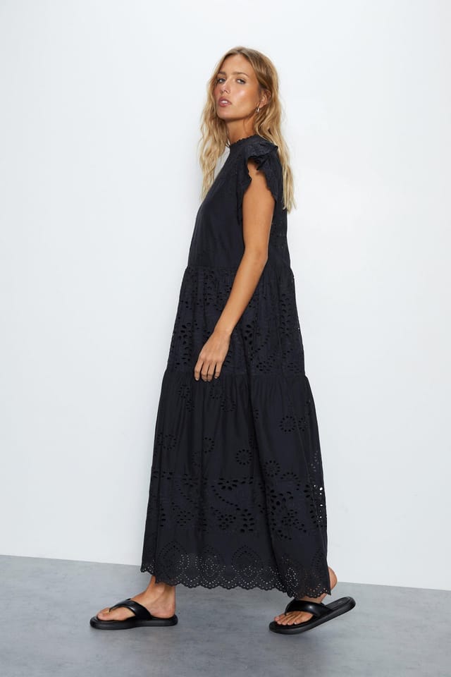 Warehouse Warehouse Women's Broderie Mix Tiered Midi Dress in Black - 3