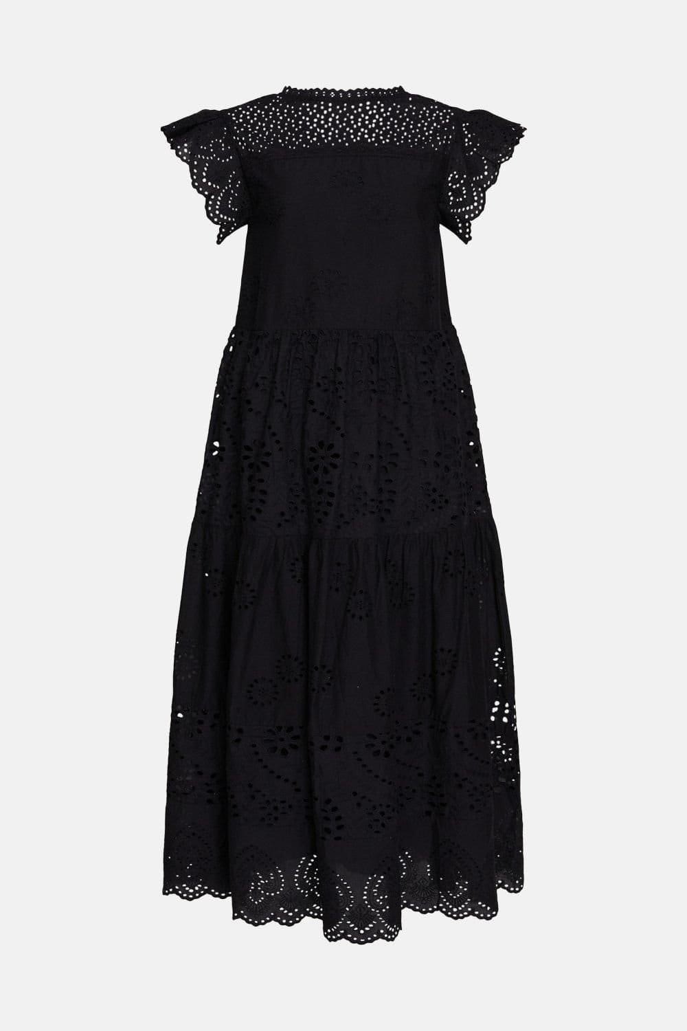 Warehouse Warehouse Women's Broderie Mix Tiered Midi Dress in Black - 4