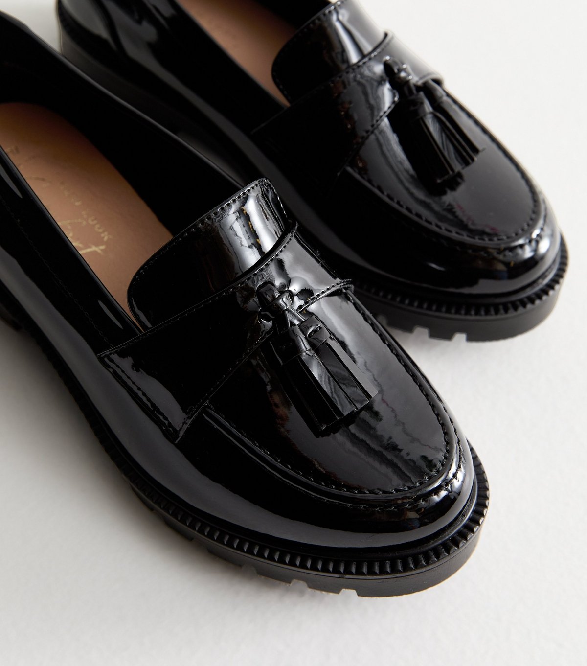 New Look Women's Wide Fit Black Patent Chunky Tassel Loafers Vegan New Look - 3