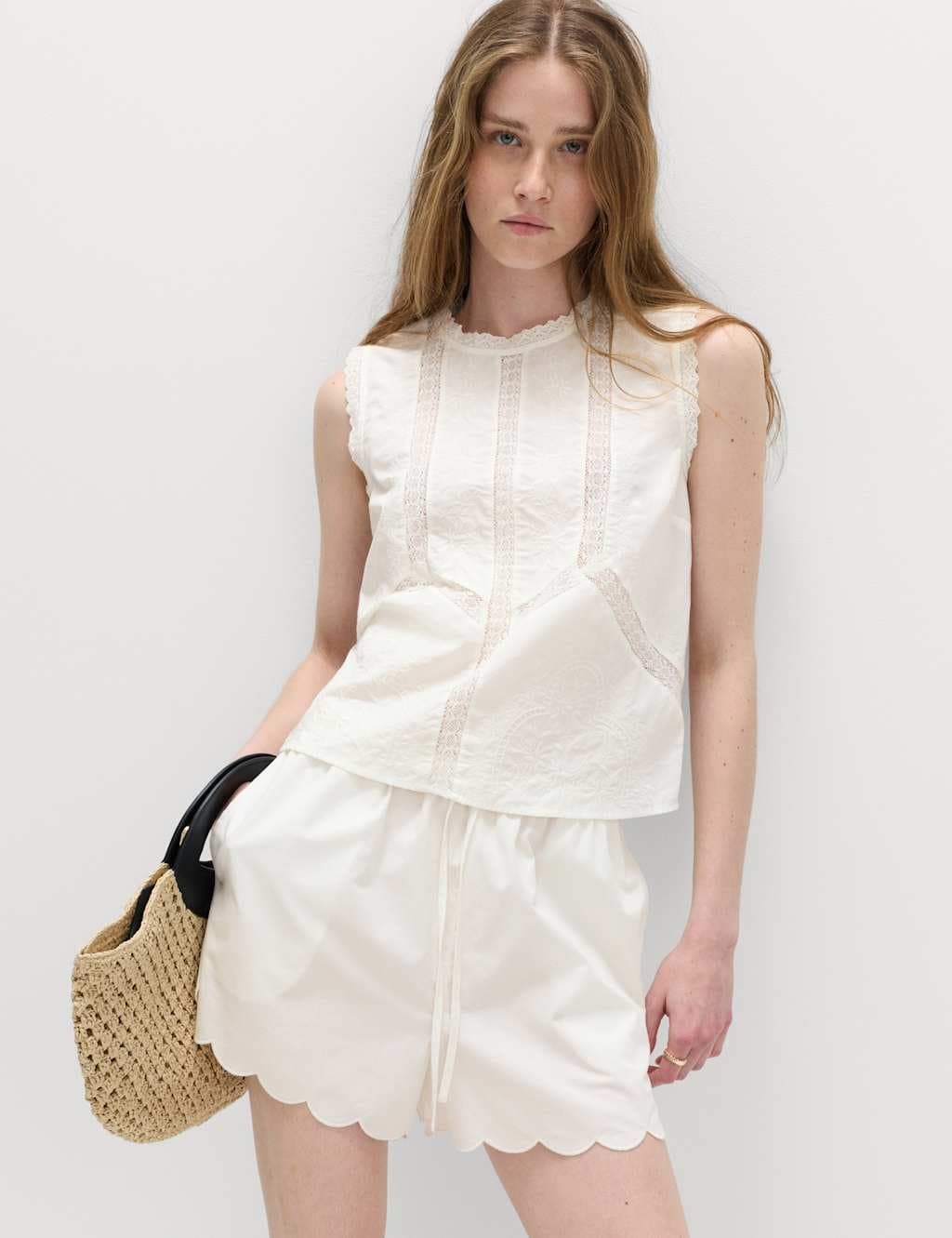 Marks & Spencer M&S Pure Cotton Embroidered Top Soft White