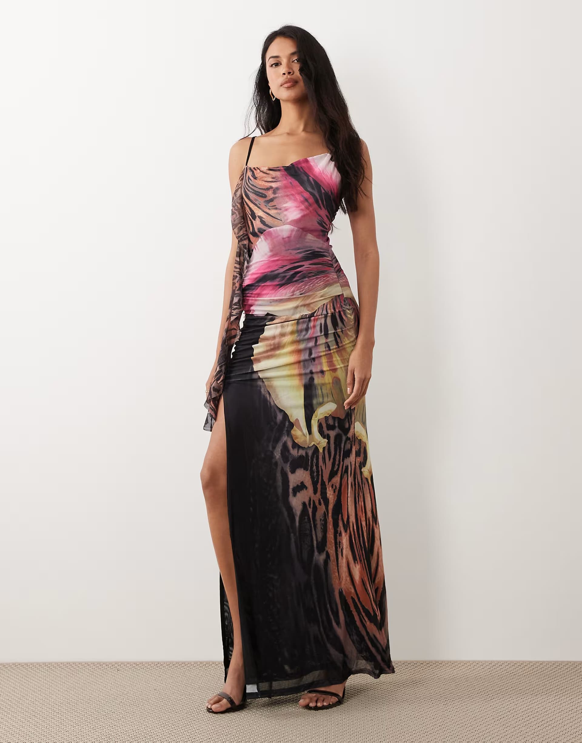 ASOS Murci premium mesh cowl detail drape thigh split maxi dress in leopard and orchid floral