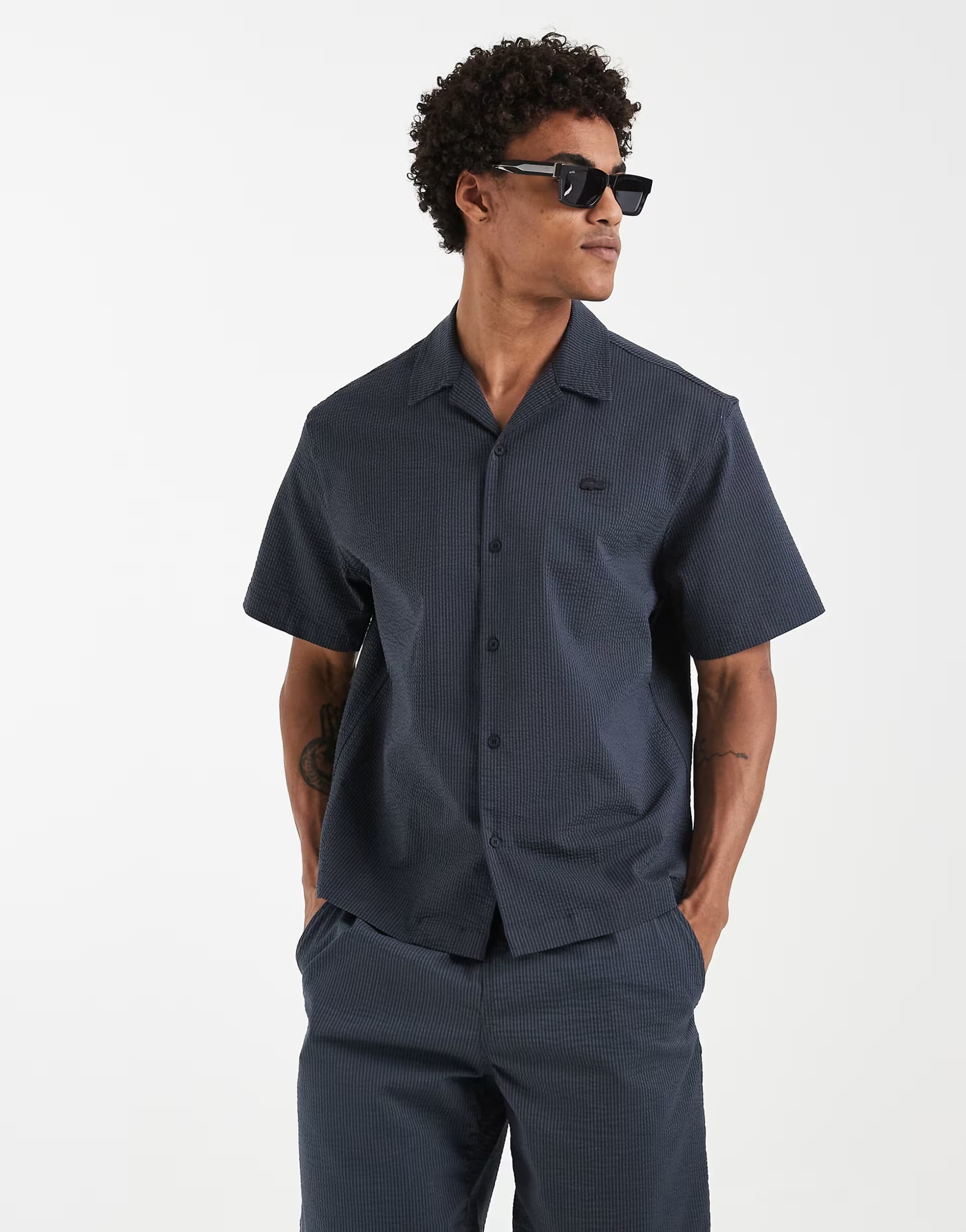 ASOS Lacoste co-ord seersucker revere collar shirt in washed black