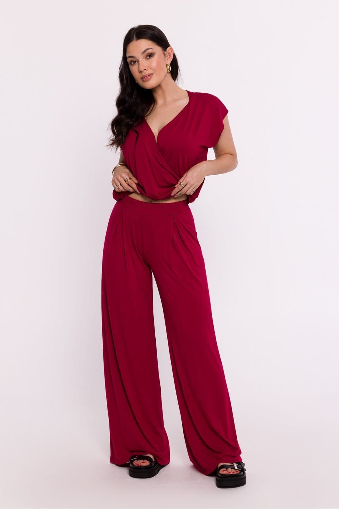 Love Lace Love Lace Women's Viscose Knit Pleated Flared Pants with Elastic in Red