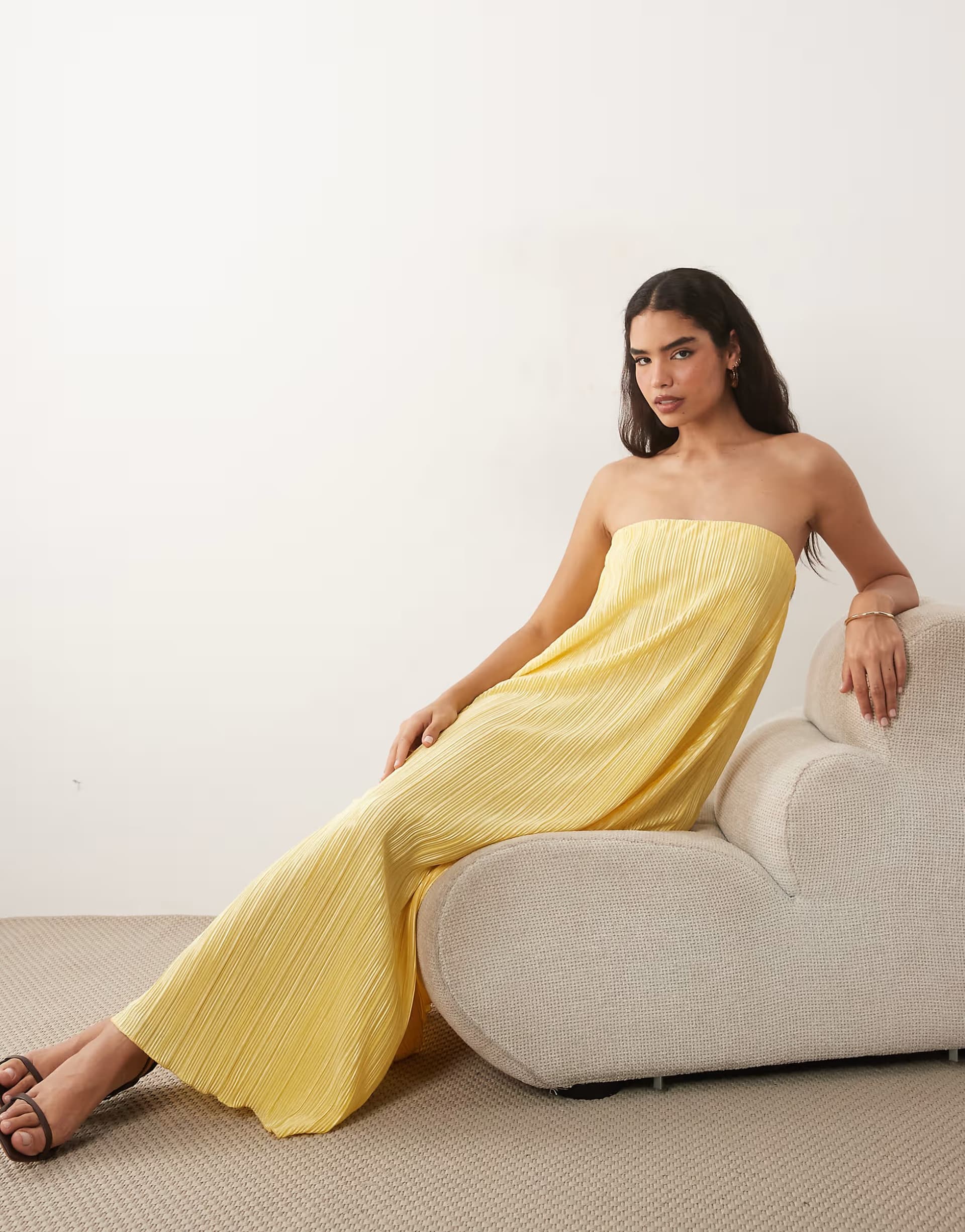 ASOS ASOS DESIGN plisse bandeau trapeze midi dress in butter yellow
