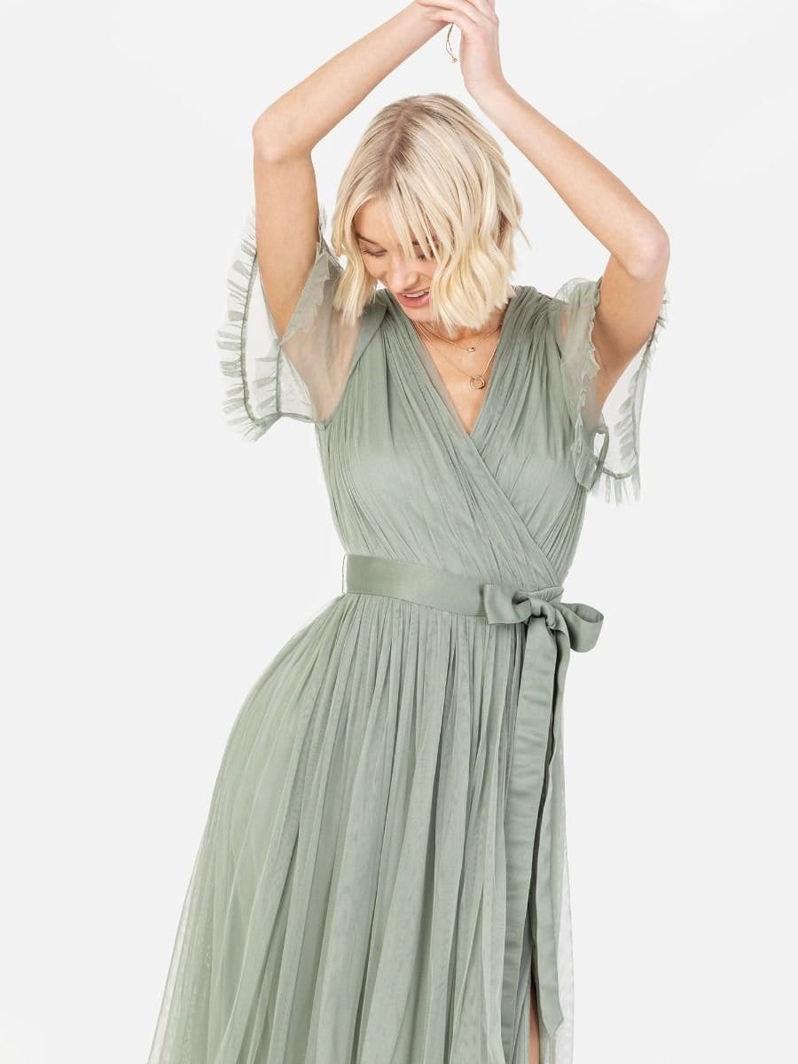 Anaya with Love Anaya with Love Women's Faux Wrap Short Sleeve Belted Maxi Dress in Green - 4