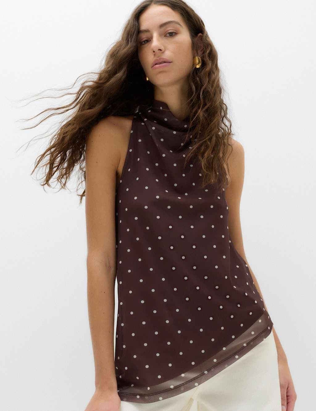 Marks & Spencer M&S Mesh Polka Dot Cowl Neck Asymmetric Drape Vest Brown Mix