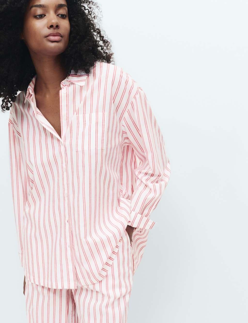 Marks & Spencer M&S Pure Cotton Striped Pyjama Shirt Red Mix