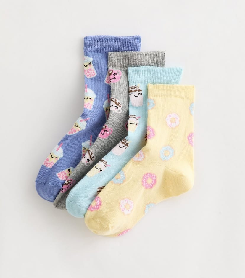 New Look Girls' Pack of 4 Multicolour Food and Drink Ankle Socks New Look - 1