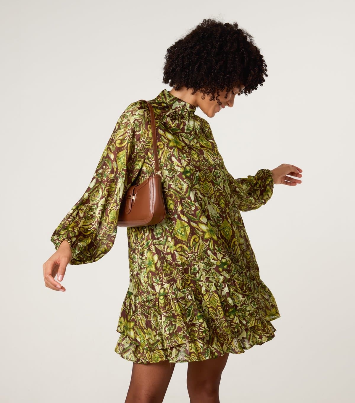 Blue Vanilla Women's Brown High Neck Frill Hem Dress Blue Vanilla New Look