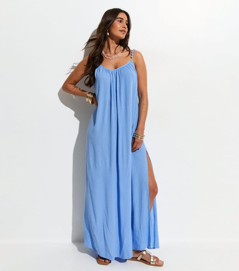 New Look Women's Light Blue Crinkle Texture Beaded Maxi Dress New Look - 1