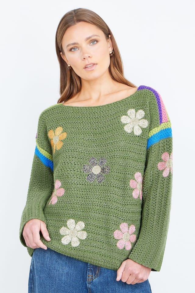 Yumi Yumi Women's Green Crochet Flower Jumper - 2