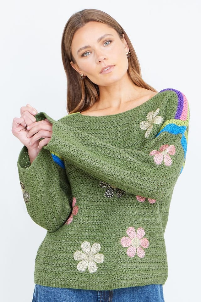 Yumi Yumi Women's Green Crochet Flower Jumper - 3
