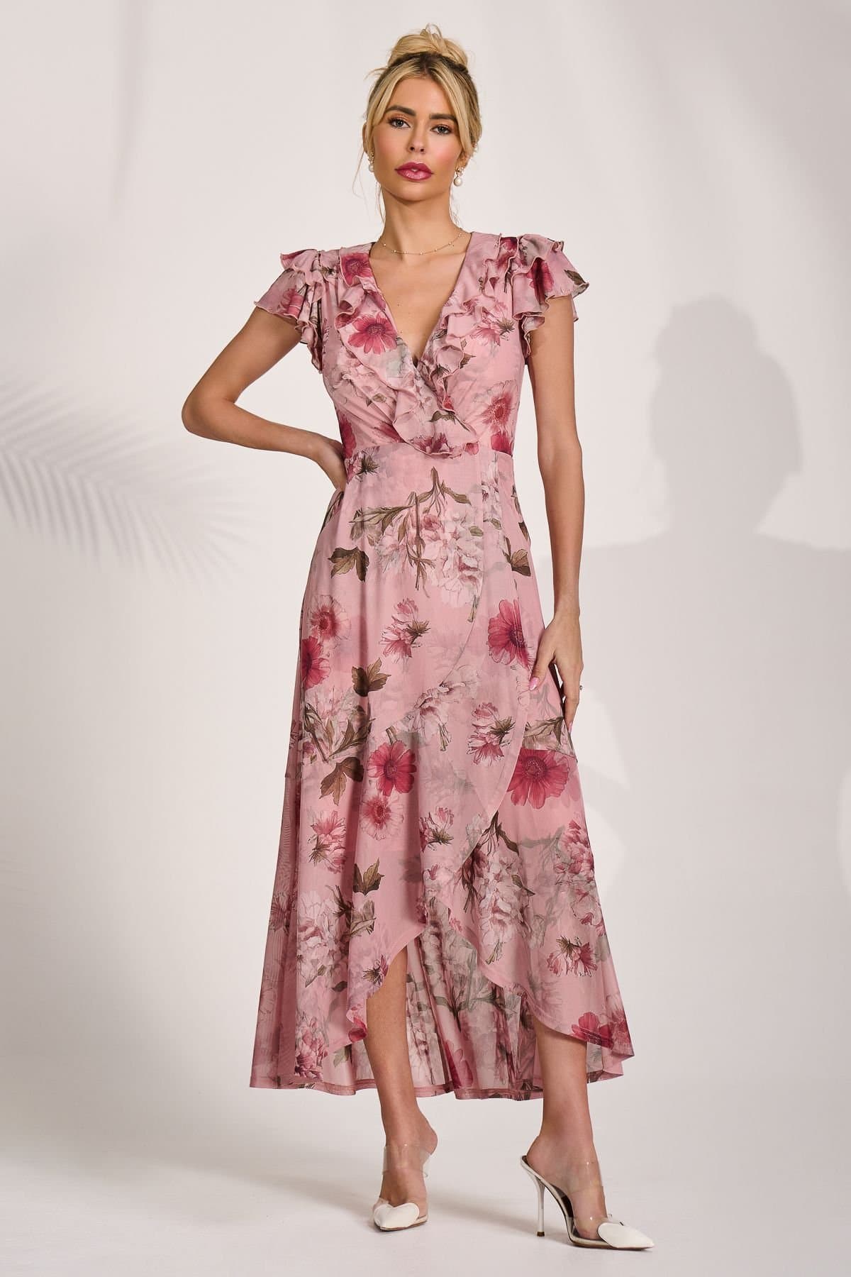 Jolie Moi Jolie Moi Women's Ruffled Mesh Maxi Dress in Pink
