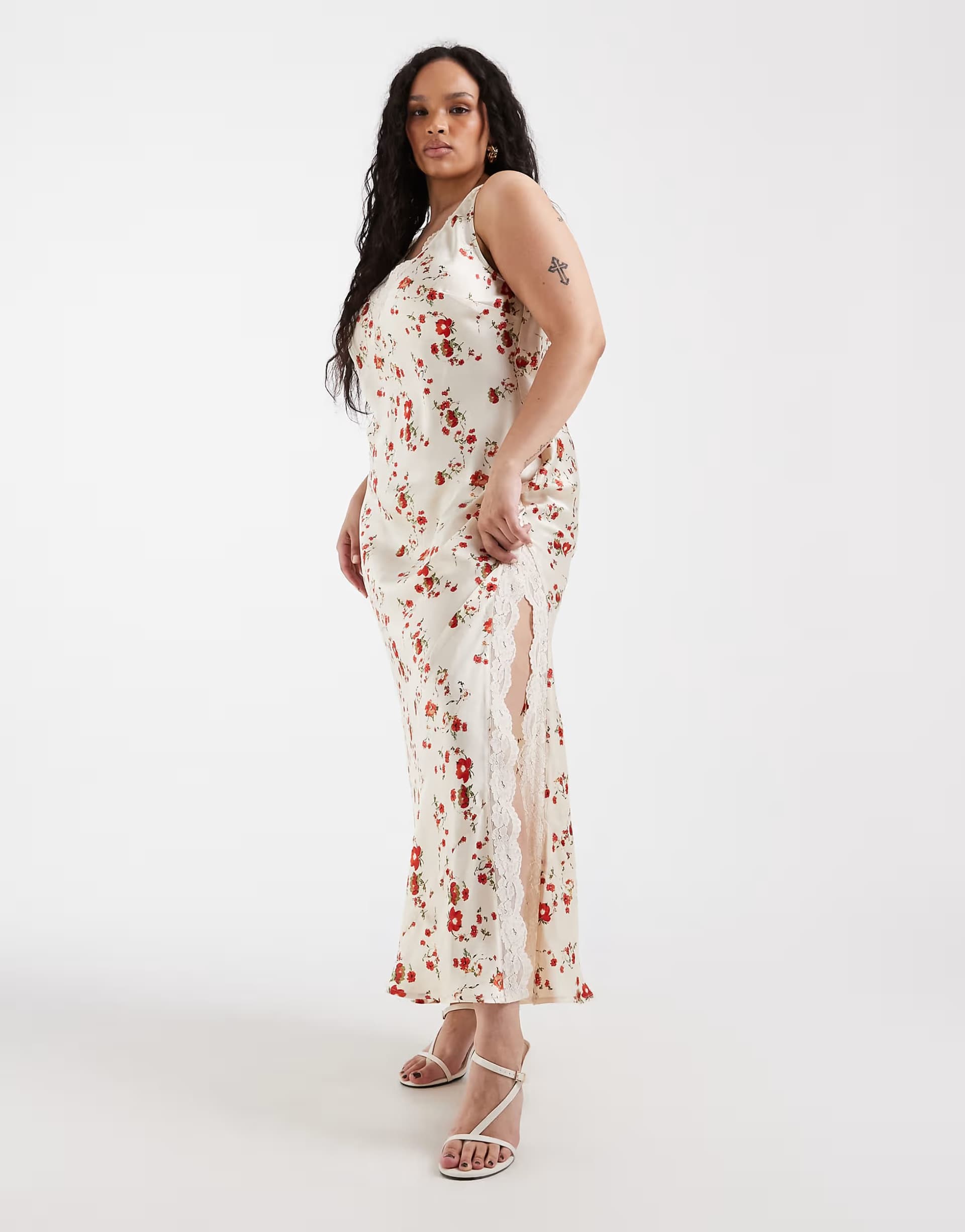 ASOS ASOS DESIGN Curve v neck lace matt satin maxi dress in cream red floral