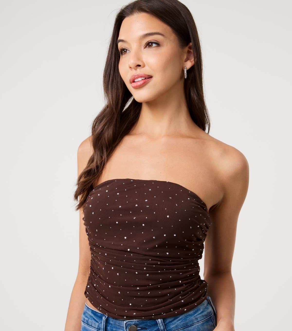 Pink Vanilla Women's Brown Mesh Diamante Embellished Bandeau Top Pink Vanilla New Look