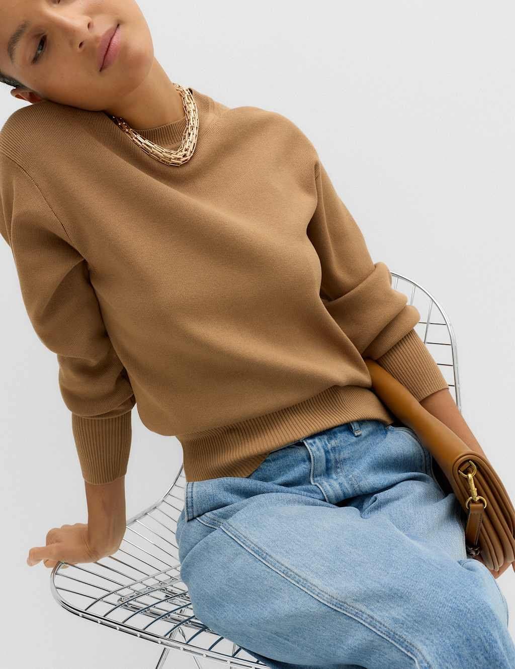 Marks & Spencer M&S Crew Neck Waisted Slim Fit Jumper Caramel