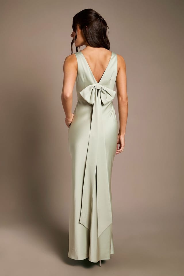 Coast Coast Women's Square Neck Satin & Crepe Bridesmaid Dress with Bow Back in Sage - 3