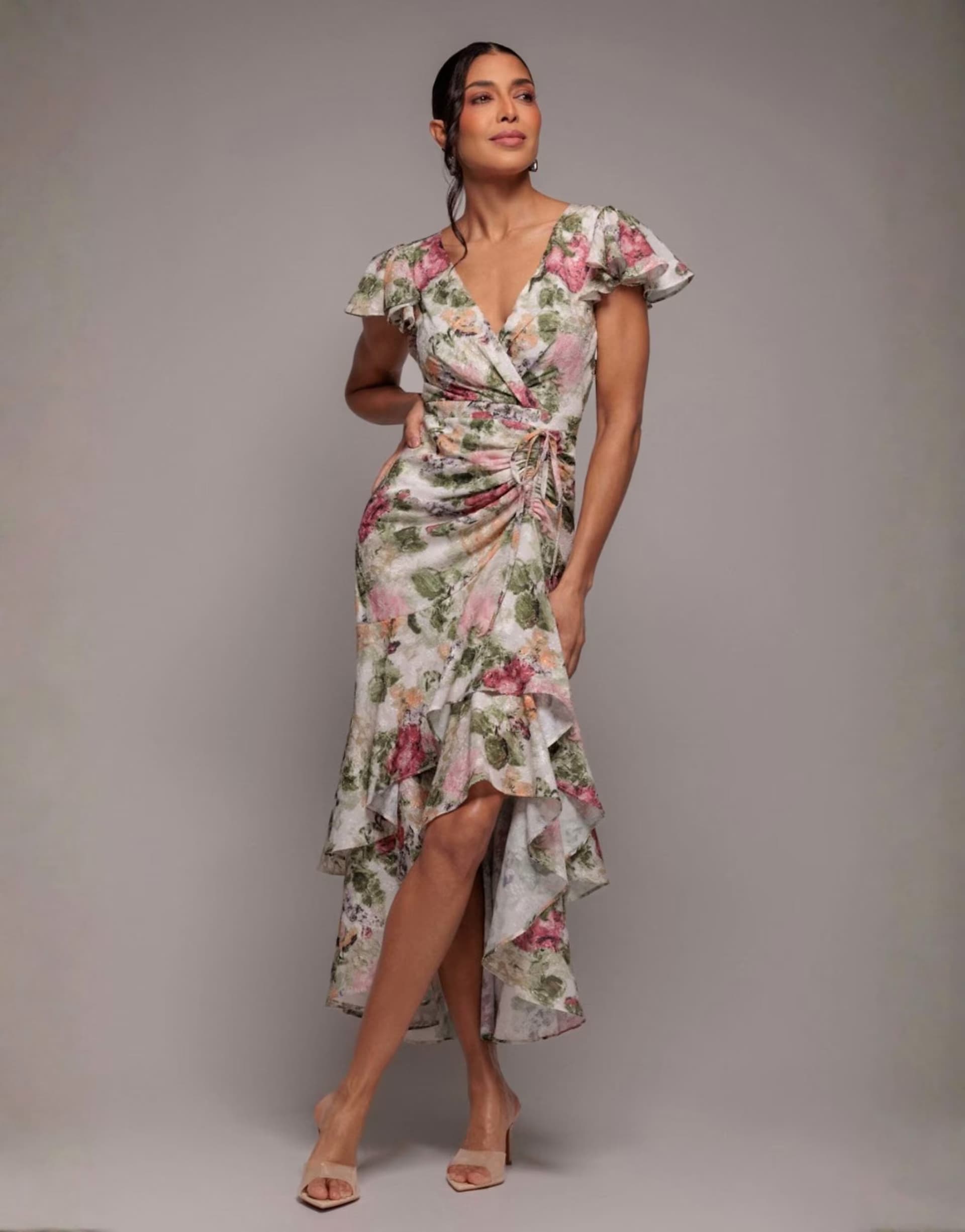 ASOS Goddiva Floral wrap high and low midaxi dress in cream