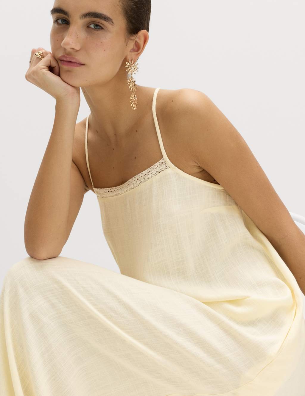 Marks & Spencer M&S Square Neck Lace Insert Maxi Shift Dress with Linen Buttermilk - 2