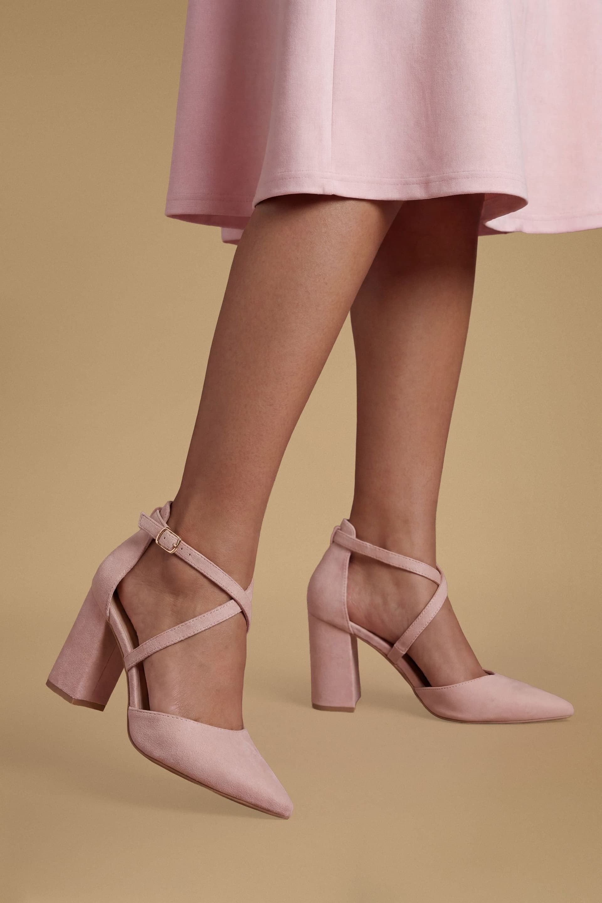 Coast Coast Women's Wide Fit Treat Faux Suede Cross Strap Pointed Block Heel Court Shoes in Blush
